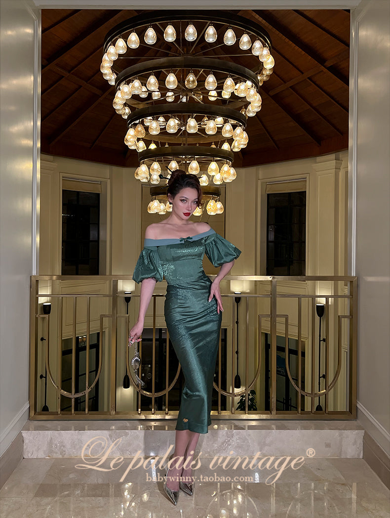 Le Palais Vintage original emerald elegant vintage fishbone strap puff sleeve skirt suit - Carin