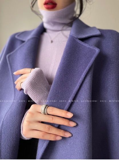 Aconiconi Luxury Purple Lapel Long Sleeve Long Straight Winter Coat- Taro
