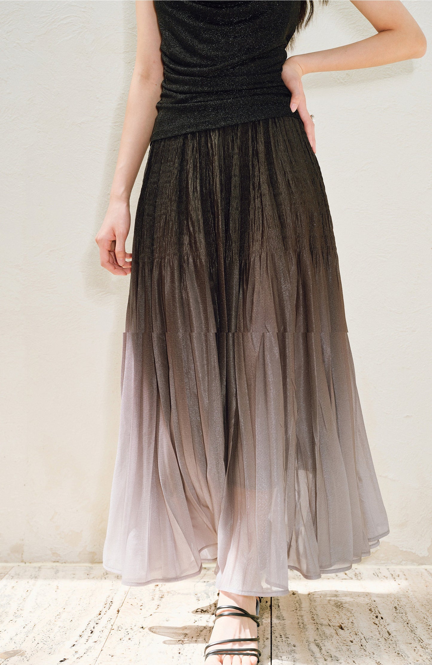 WANGXO |High-Waisted Umbrella Hem Romantic Skirt with Luxe Shimmer-LINA