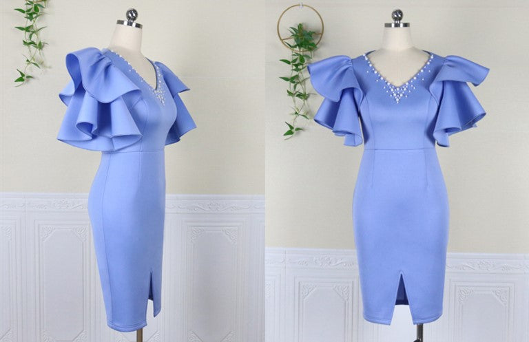 DOLLY Elegant V-Neck Short Ruffle Sleeves Slim Fit Midi Slit Office Dress- ilLA