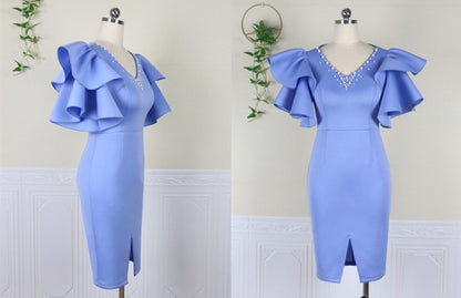 DOLLY Elegant V-Neck Short Ruffle Sleeves Slim Fit Midi Slit Office Dress- ilLA