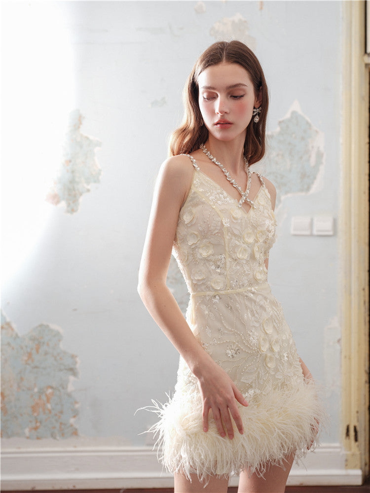 Wardrobes by Chen Luxury V-Neck Sleeveless Floral Feather Short bridal Dress-Shife