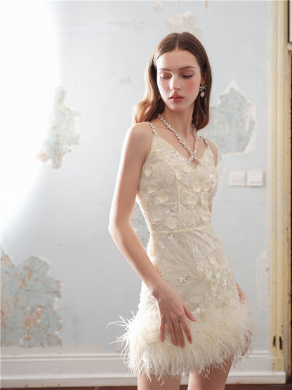 Wardrobes by Chen Luxury V-Neck Sleeveless Floral Feather Short bridal Dress-Shife