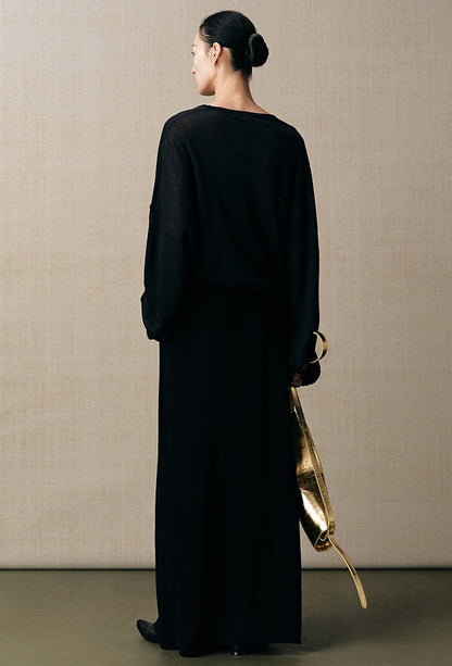 ZHUCHONGYUN black mulberry silk and linen blend drape knitted skirt-AIR.