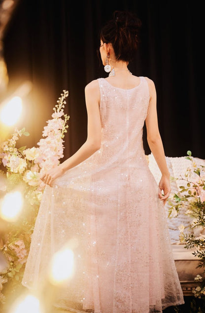 DOLLY Luxury U-Neck Sleeveless Fake Two Piece Midi Swing Dress-KASSIA