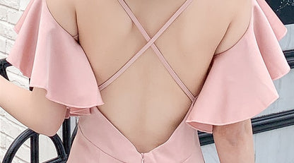 DOLLY Luxury Pink French Style V-Neck Ruffle Sleeve Long Wedding Guest Dress-MARON