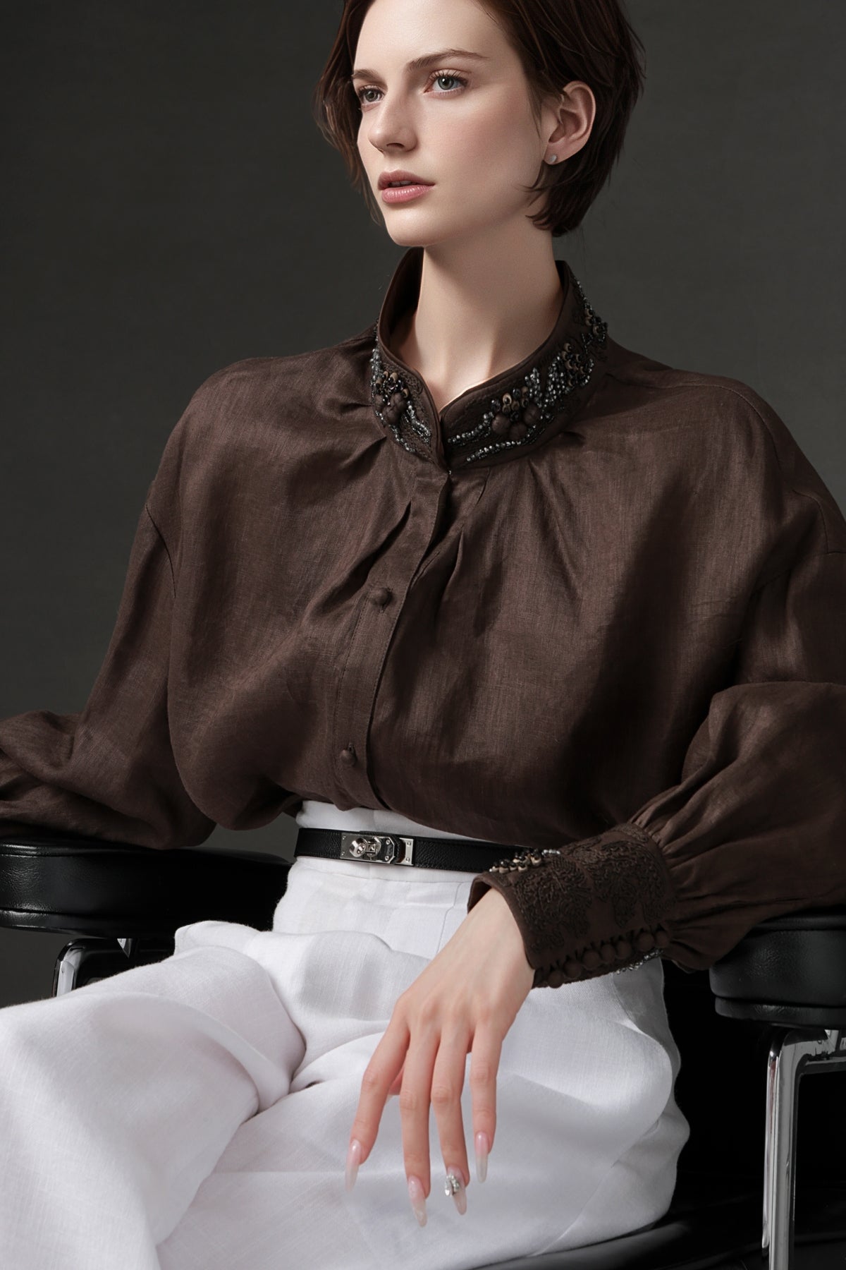 PIAOIN luxury vintage beaded design handmade custom shirt-BEATRICE.