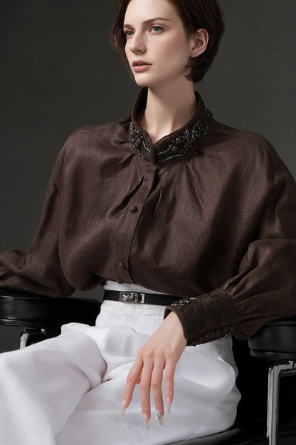 PIAOIN luxury vintage beaded design handmade custom shirt-BEATRICE.