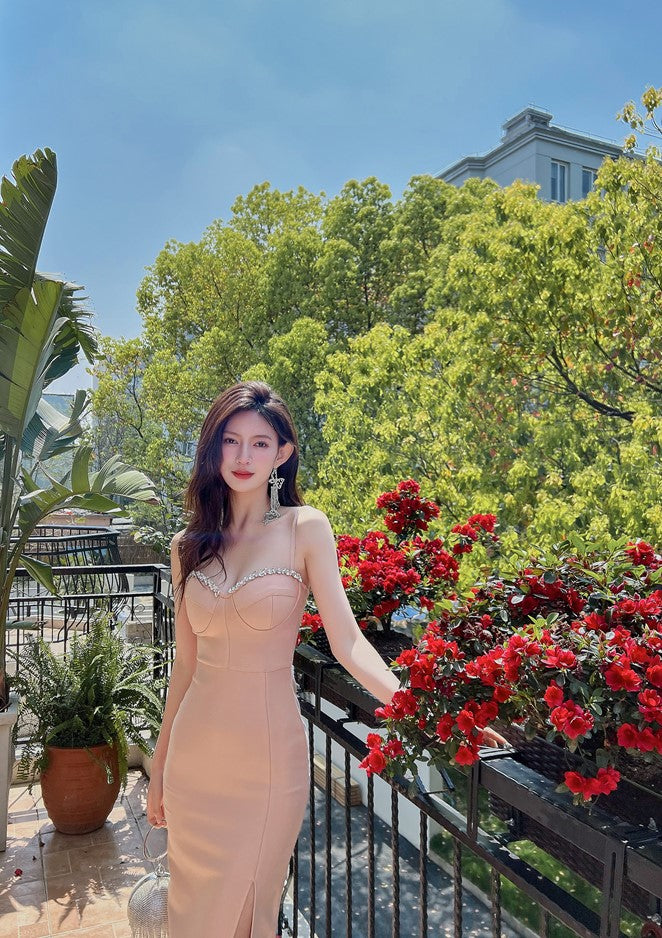 DOLLY Luxury 0ff Shoulder Sleeveless Diamond Bandage Sexy Slit Banquet Dress-PALOMA