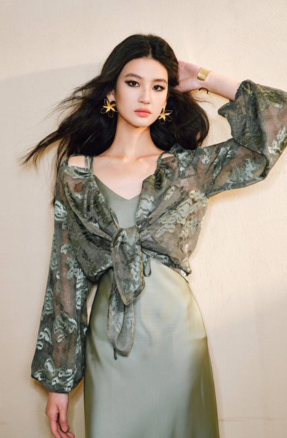 WANGXO Devoré Lace Light and Shadow Heavy Industry Bias French Cardigan & Satin Sundress Set - ESMEE