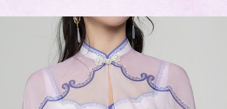 Magic Q purple stand up collar slotted clasp shawl petal collar hydrangea print dress