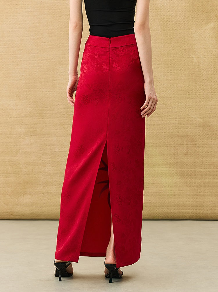 HECO Chinese high-end acetate bamboo feminine temperament printed slit skirt - COLT.