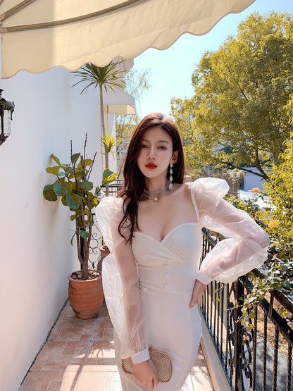 DOLLY Elegant White/Black V-Neck Mesh Long Puff Sleeve Slim Fit Dress-HAN