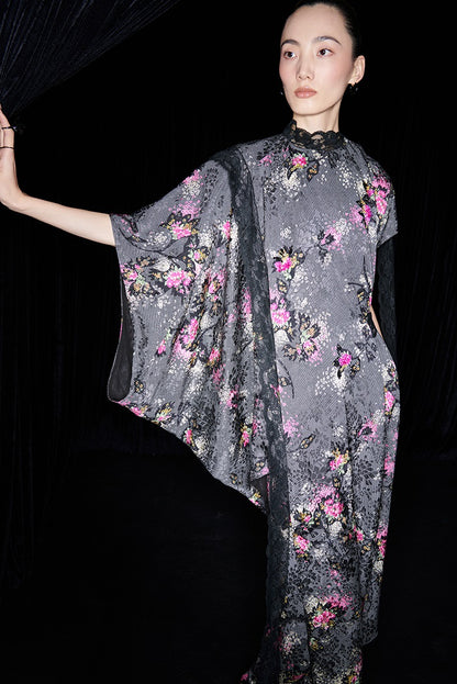 M essential Mackay designer cherry blossom print beaded asymmetrical dress - WORDS.