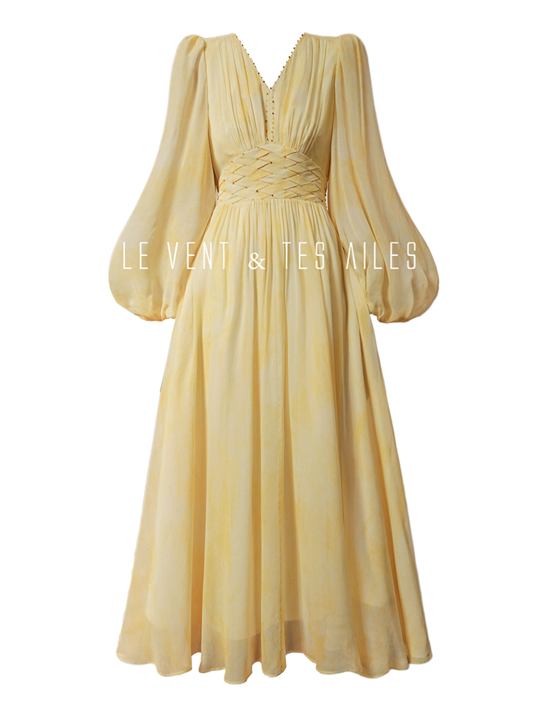 LE VENT&TES AILES 100% Silk French Haute Smudge V-Neck midi yellow Dress - FAYE