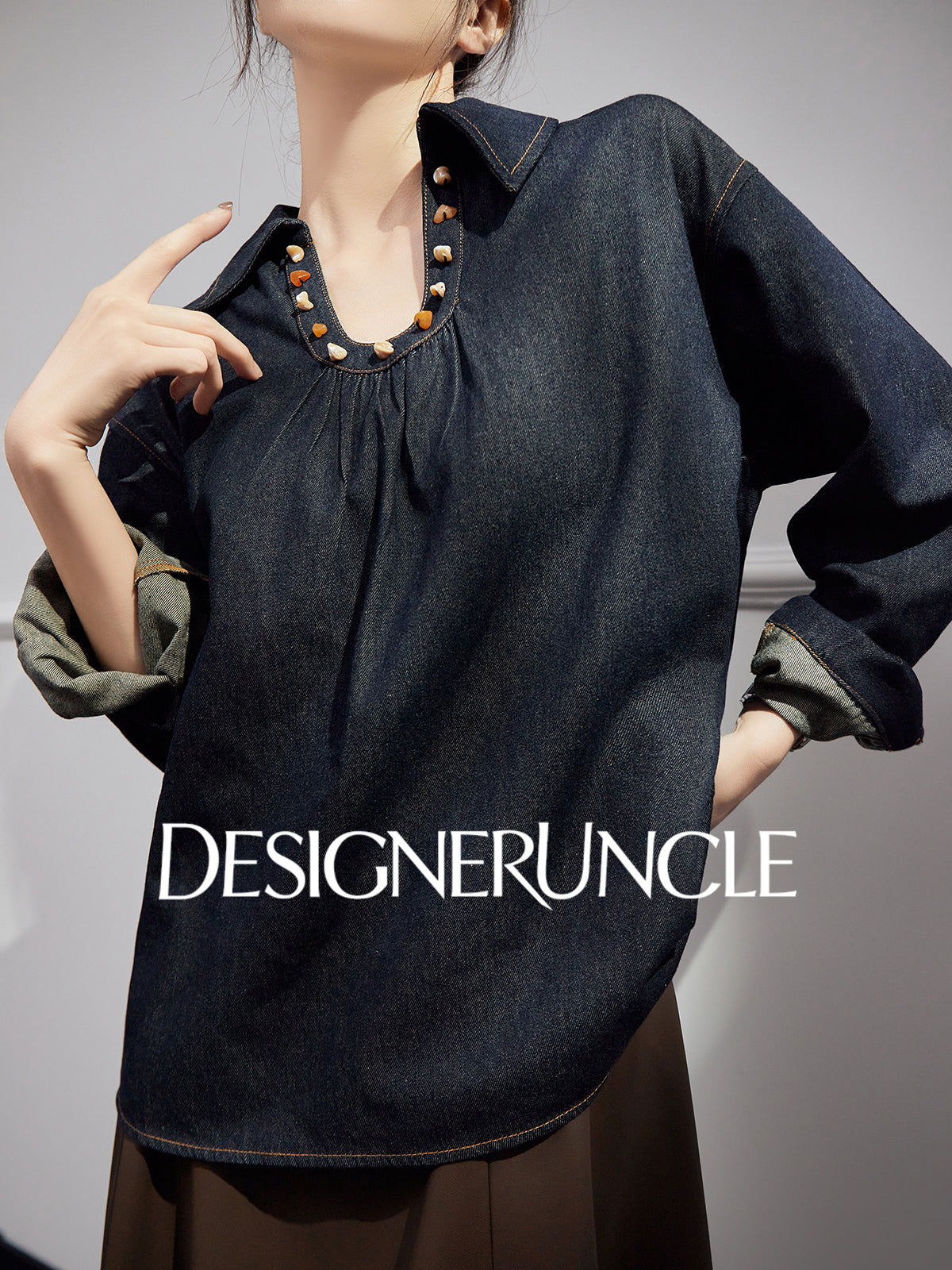 DGU "Fog Shadow" Denim New Retro Velvet Loose Slimming Commuter Top - SENT.