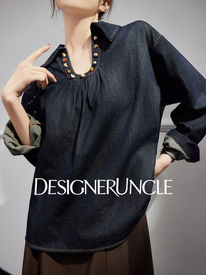 DGU "Fog Shadow" Denim New Retro Velvet Loose Slimming Commuter Top - SENT.