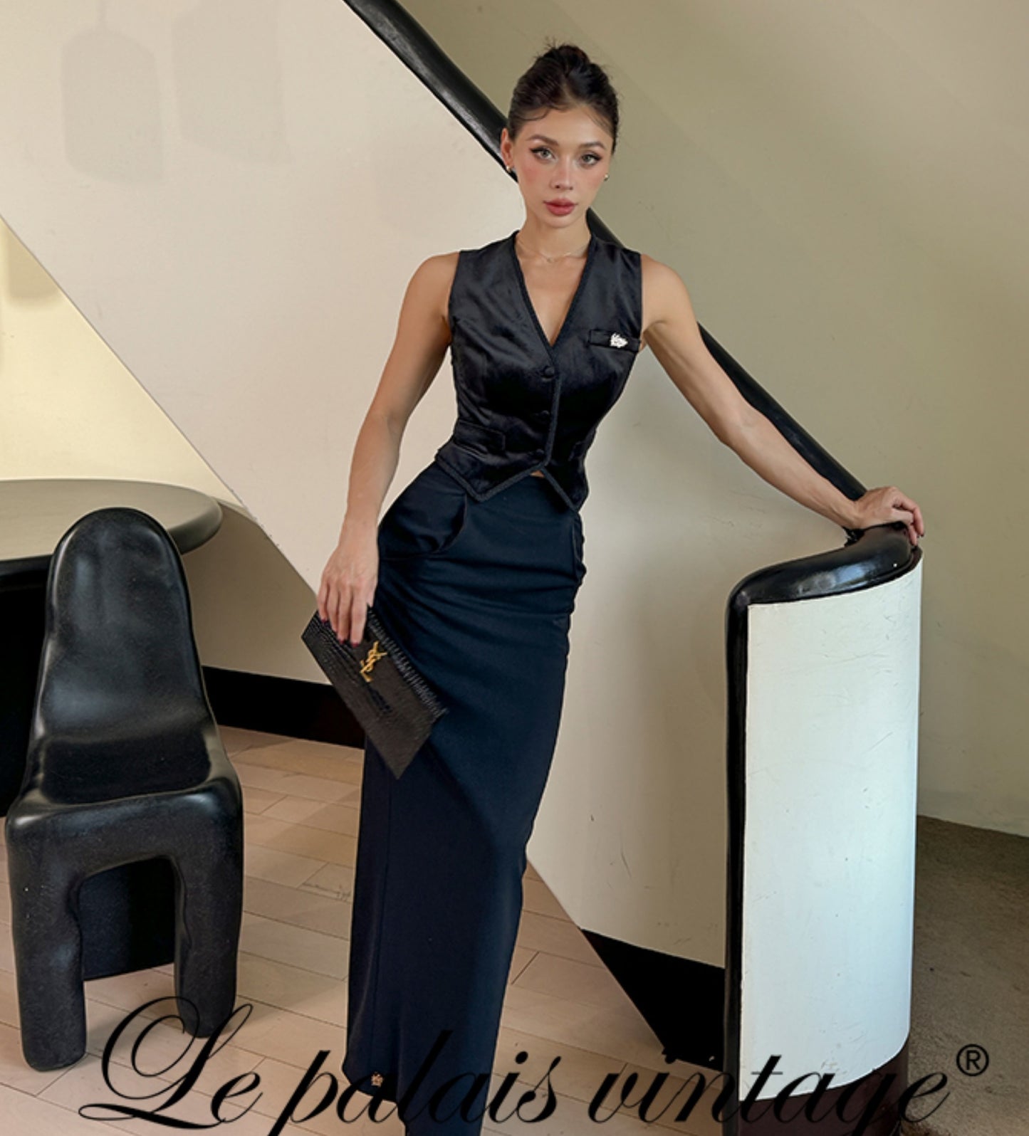 Le Palais Vintage Elegant Retro Black Velvet Stylish Three Piece Suit Set-LISI.