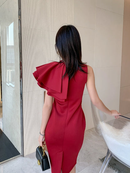 DOLLY High End Retro Style Sleeveless Ruffle Slim Fit Midi Church Dress-RAIN