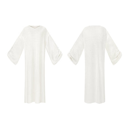 TUYUE Wool Crew Neck Slanted Placket Long Sleeve Knitted Dress - MARIA.