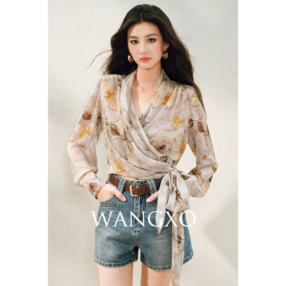 WANGXO | Silky Drape Smooth Georgette Vine-Inspired Geometric Print Entwined Twisted Shirt  -LYRA