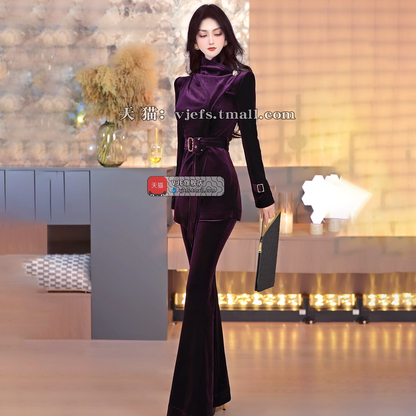 VJE Velvet Top Flared Pants Two-Piece Set Suit-MOON.