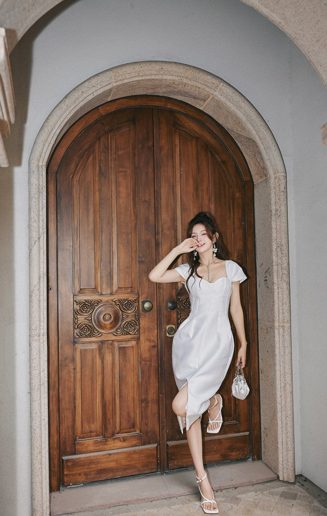 DOLLY Luxury French Style Square Collar Short Puff Sleeves Flower Bud Midi Dress-SARAH