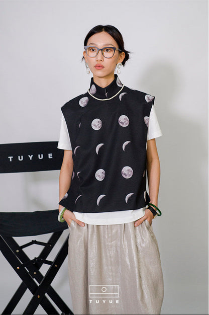 TUYUE moon print elegant stand-up collar silhouette vest- DONAVAN.