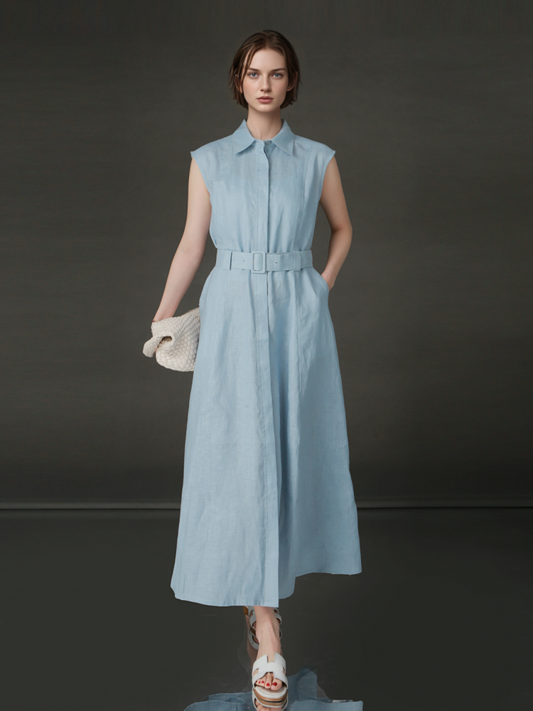 PIAOIN minimalist 100% linen sleeveless belted midi green pastel blue shirt dress -EVELYN.