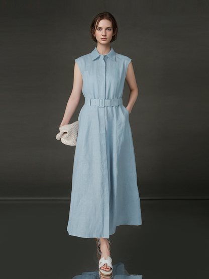 PIAOIN minimalist 100% linen sleeveless belted midi green pastel blue shirt dress -EVELYN.
