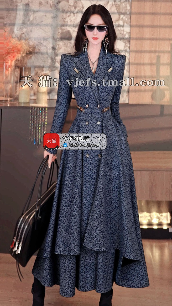 VJE Women's Printed Waist Mid-Length Double-breasted Trench Coat- JOJO.