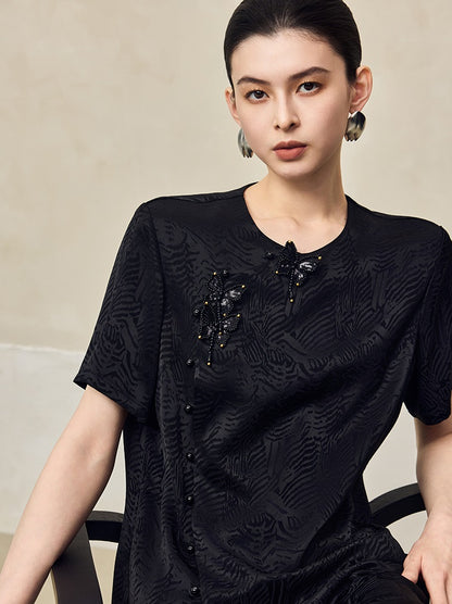HECO Jacquard Round Neck Short Sleeve Black White Shirt Top Woman - GRACE.