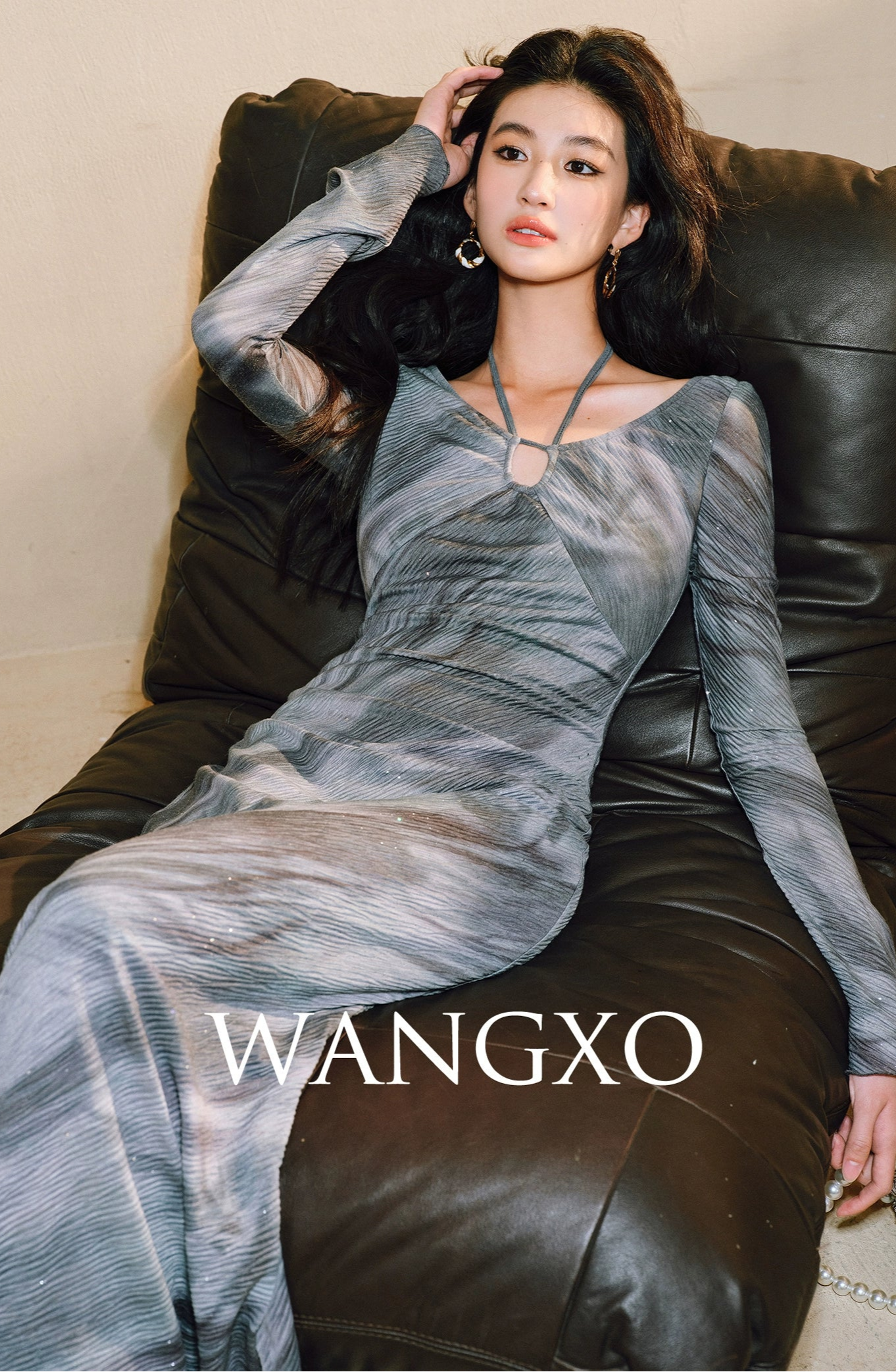 WANGXO Galaxy Muse -Starry Silver Oil-Paint  Halterneck Dress - SABLE