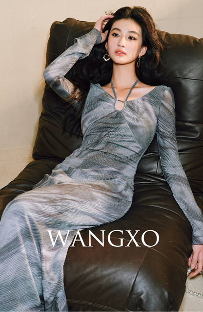 WANGXO Galaxy Muse -Starry Silver Oil-Paint  Halterneck Dress - SABLE