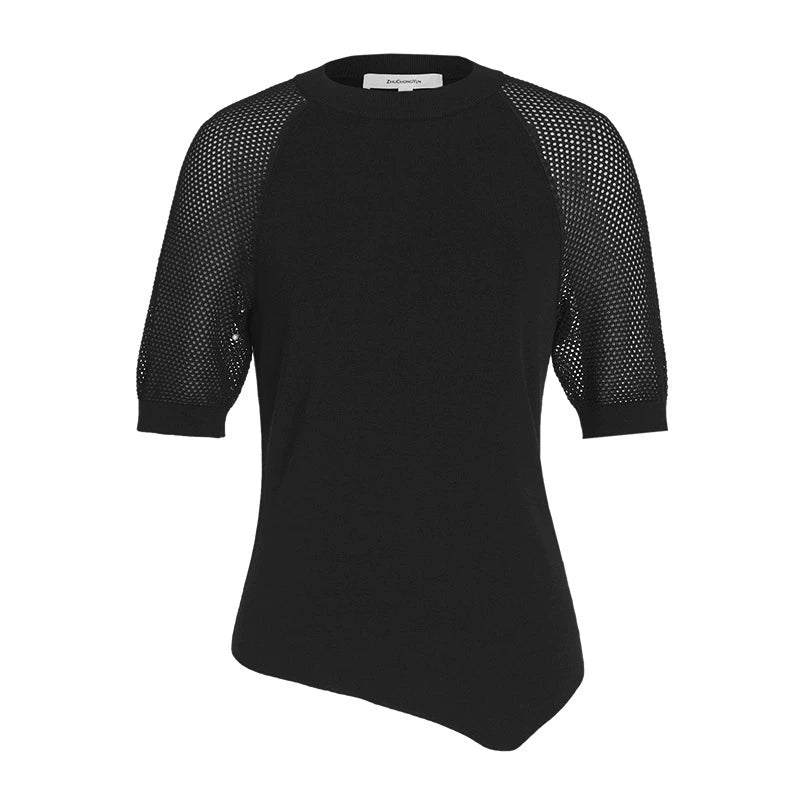 ZHUCHONGYUN black mesh short sleeves assymetrical hemline top-GRANT.