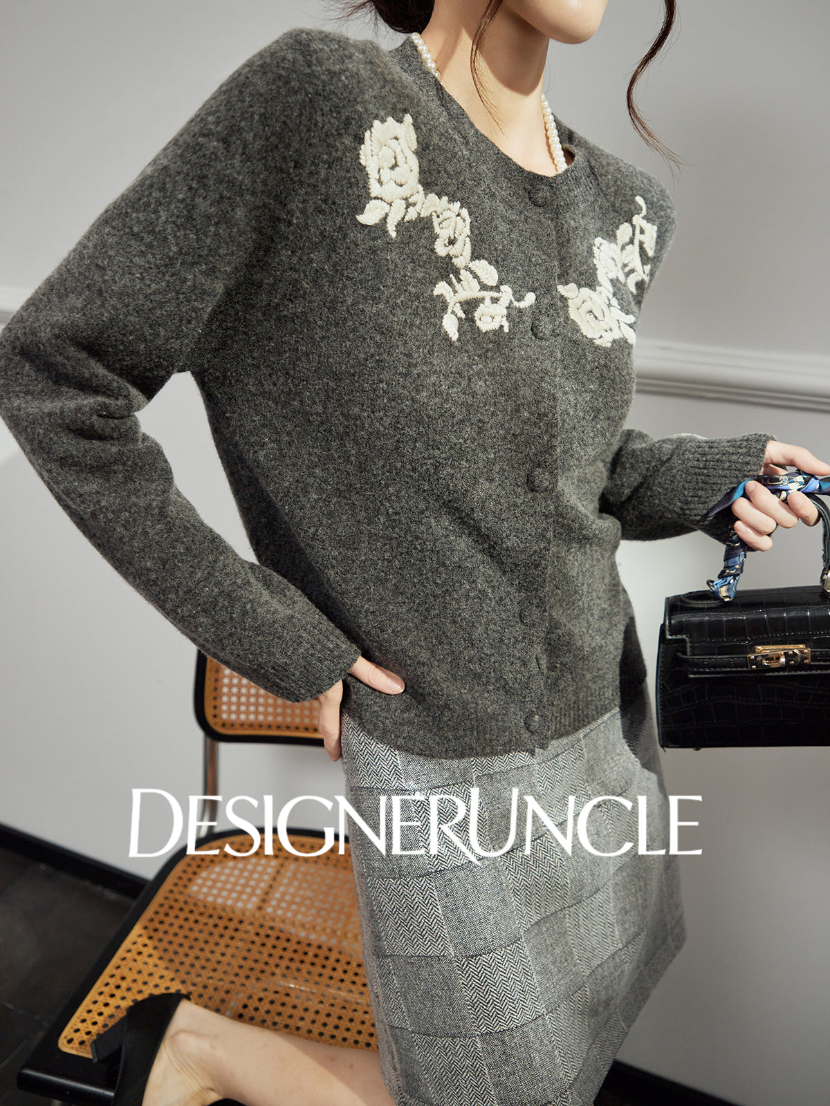 DGU "Flower Rhyme" gray sweater autumn retro loose slimming knitted top - Brianna.