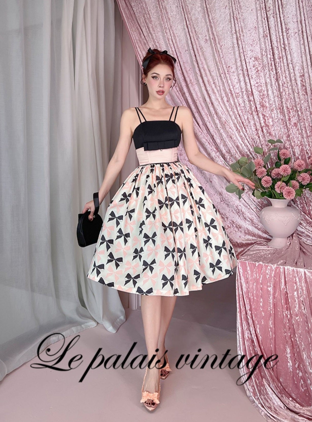 Le Palais  50s classic pink and black contrast bow cinched waist Dress-WENDY