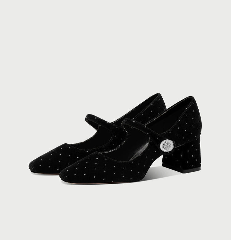 pjjuu Block heel strap black white polka Mary Jane pums - Goika