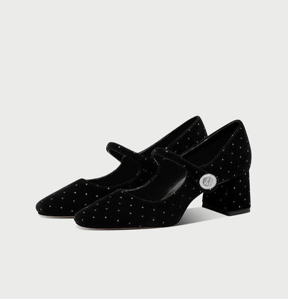 pjjuu Block heel strap black white polka Mary Jane pums - Goika
