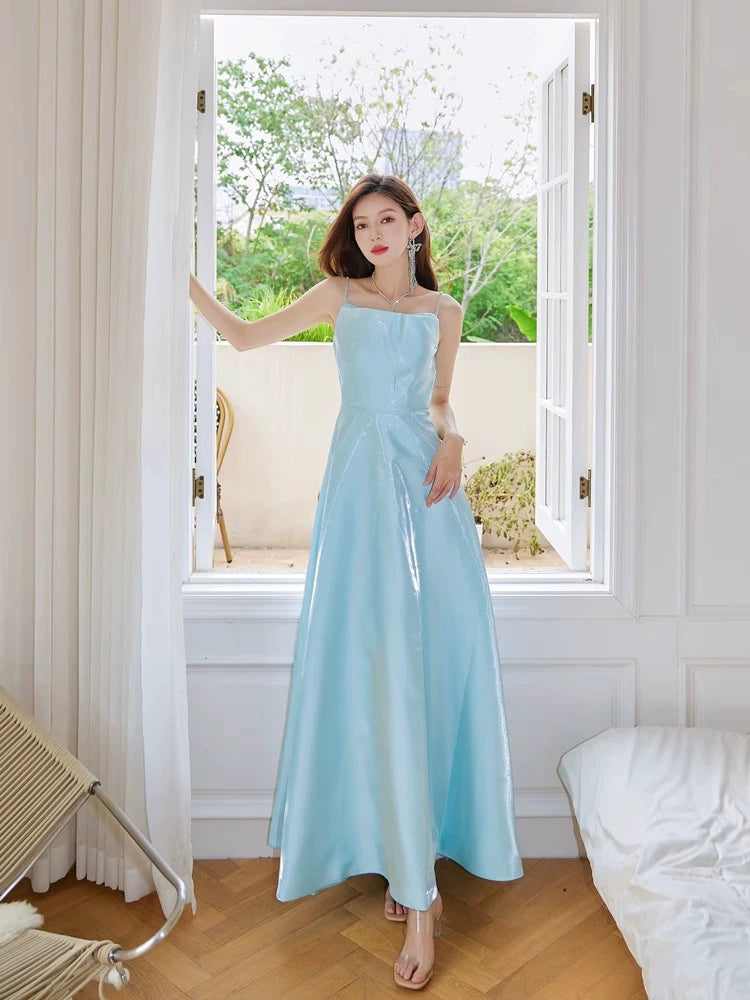 DOLLY High End Blue Off Shoulder Sleeveless Long Suspender Banquet Dress-AGATHA