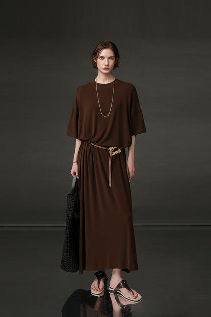 PIAOIN minimalist style nude tencel wool t-shirt skirt versatile dress -LYDIA