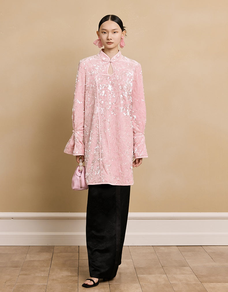 HECO floral sequins embroidery long sleeve short DRESS  - CUTE.