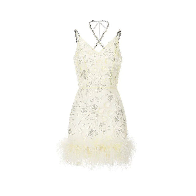 Wardrobes by Chen Luxury V-Neck Sleeveless Floral Feather Short bridal Dress-Shife