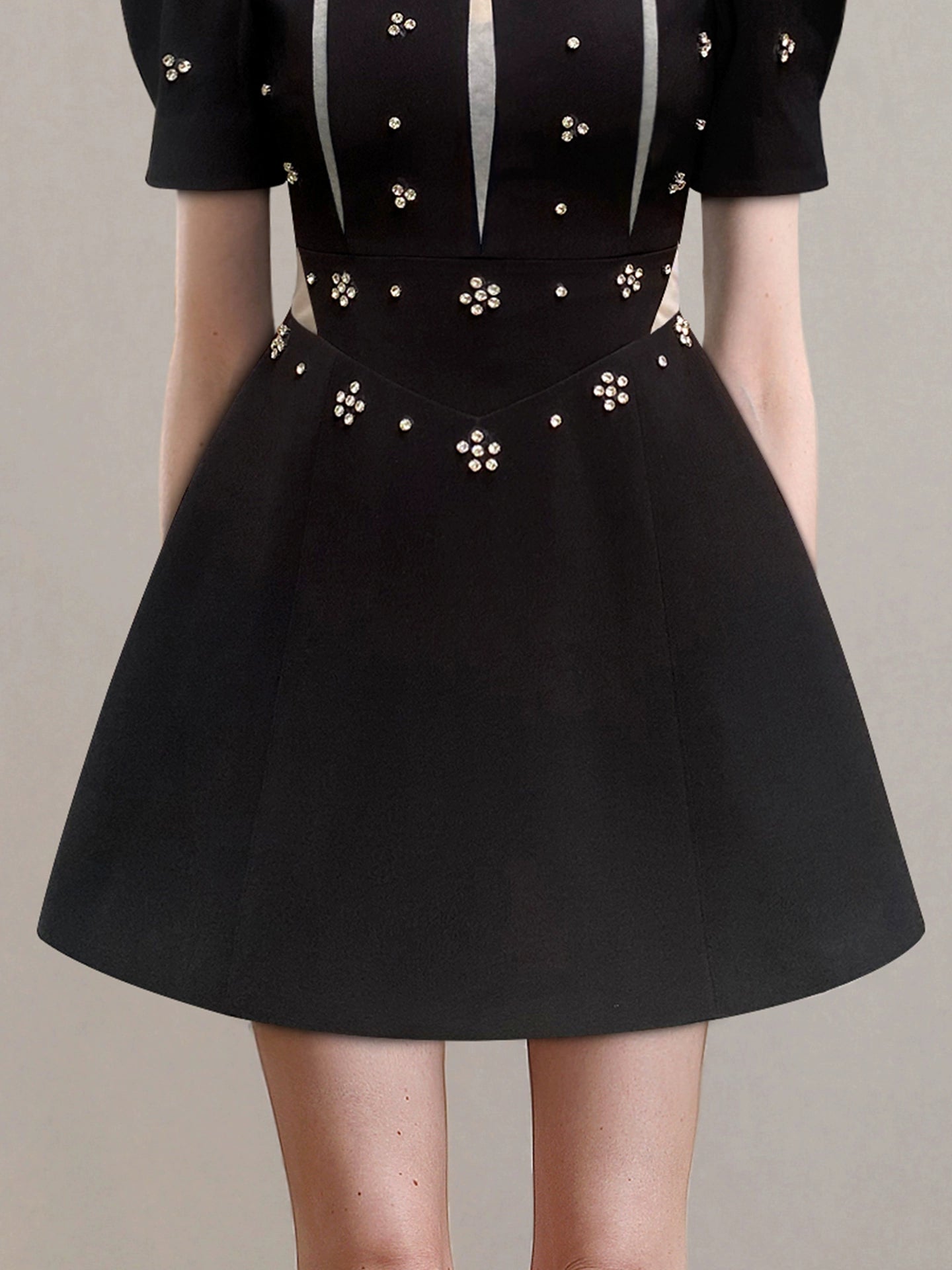 CHECOCRE summer new commuter open waist puff sleeve heavy industry beaded dress - TUOR