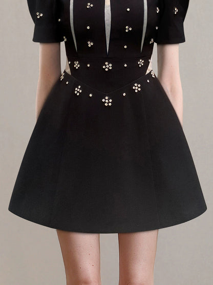 CHECOCRE summer new commuter open waist puff sleeve heavy industry beaded dress - TUOR