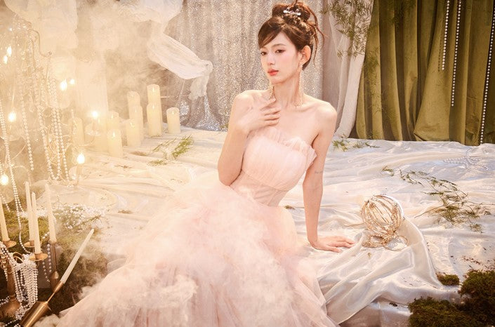 DOLLY Luxury Peach Pink French Style Tube Top Sleeveless High Waist Prom Dress-PEACHES