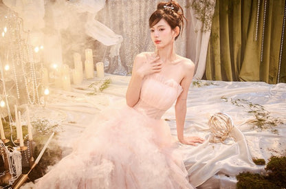 DOLLY Luxury Peach Pink French Style Tube Top Sleeveless High Waist Prom Dress-PEACHES