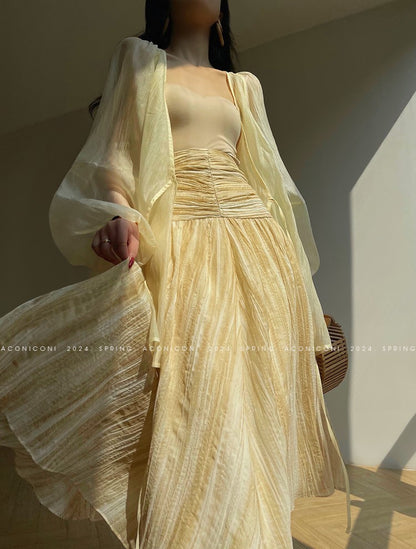 Aconiconi Elegant Wave Pattern Long Sleeve Loose Wedding Guest Dress- Dune