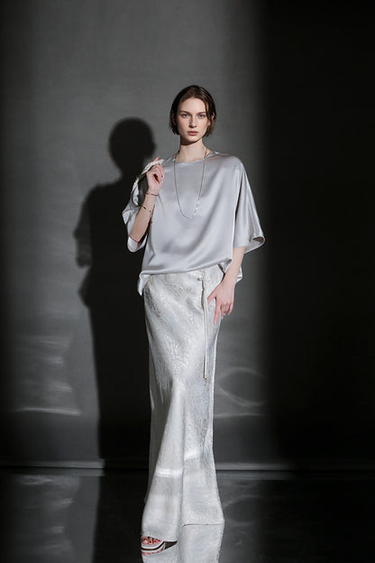 PIAOIN light luxury acetate satin glossy mid sleeve body shirt - CHARLOTTE