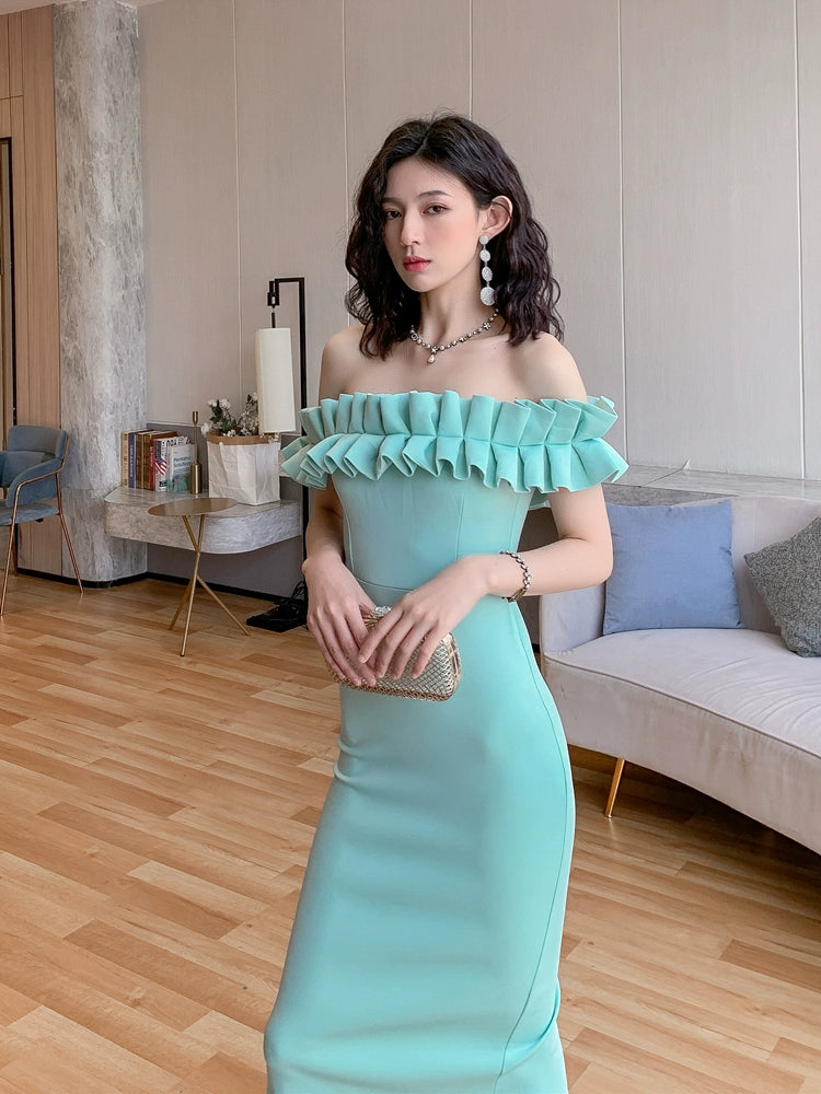 DOLLY High End Retro Style Pleated Off Shoulder Slim Fit Dinner Dress-JOLA